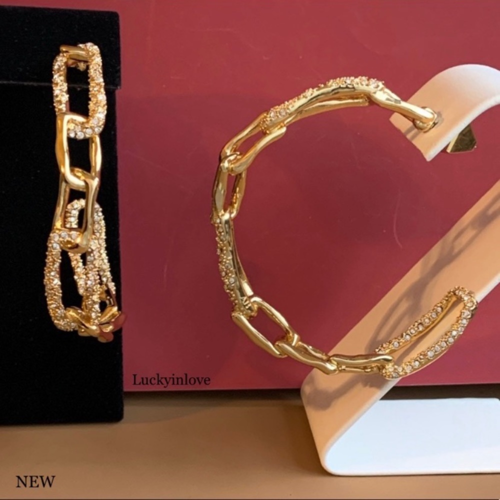 Alexis Bittar XL Golden Crystal Encrusted Textured Chain Link Hoop Post Earrings - Picture 10 of 16